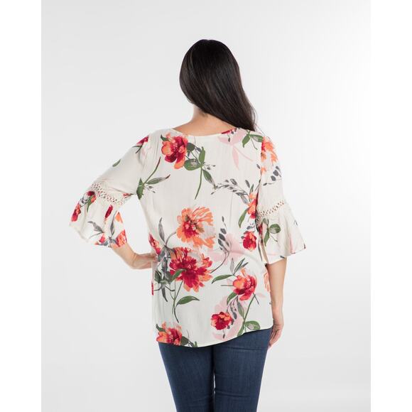 Ivory Multi Color Floral 3/4 Sleeve Top - Medium - Picture 10 of 12